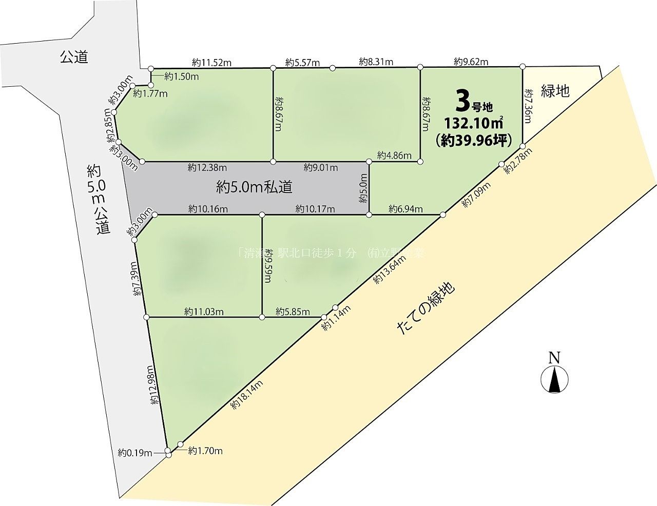 開放的な土地、たての緑地隣接、建築条件なし